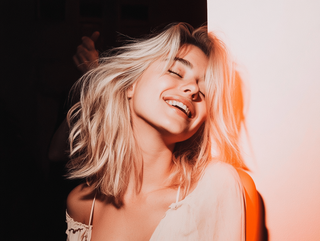 Femme blonde affichant un grand sourire lors d'une soirée célibataire Crush Party.