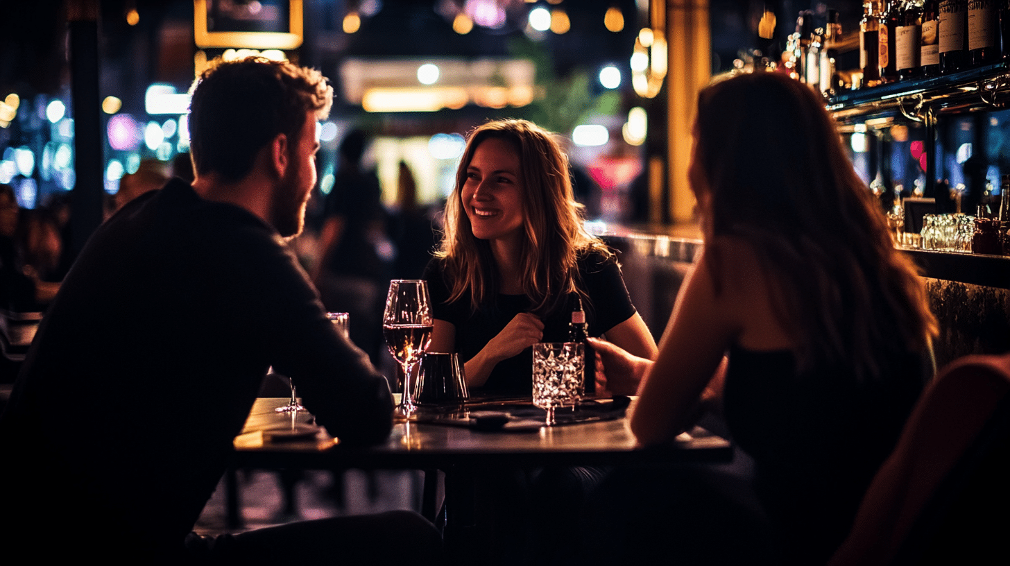 Ambiance chaleureuse d'un dîner rencontre Crush Party à Paris, où des célibataires échangent dans un bar élégant et convivial.