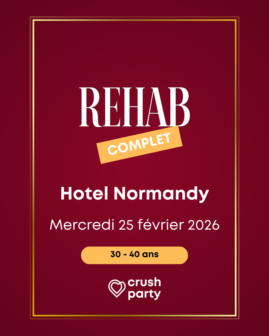 Soirée célibataires Crush Party au Rehab de l’Hôtel Normandie à Paris le mercredi 25 février 2026 pour les 30 à 40 ans, complet