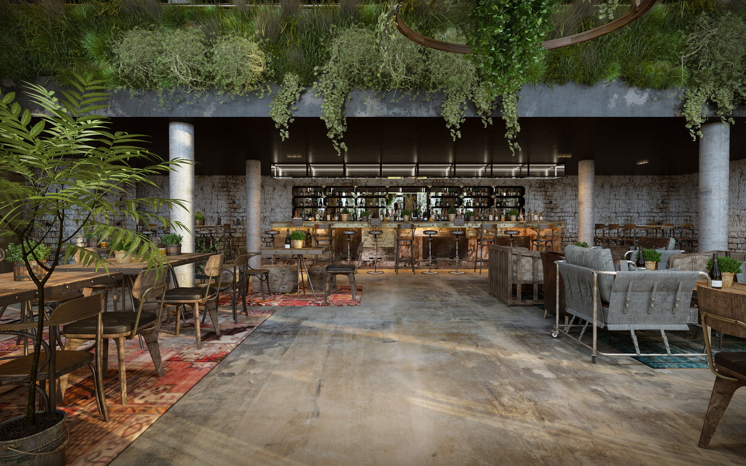 Vue intérieure du bar-restaurant du Kube Hotel à Paris, un lieu végétalisé au design contemporain, idéal pour des événements branchés.